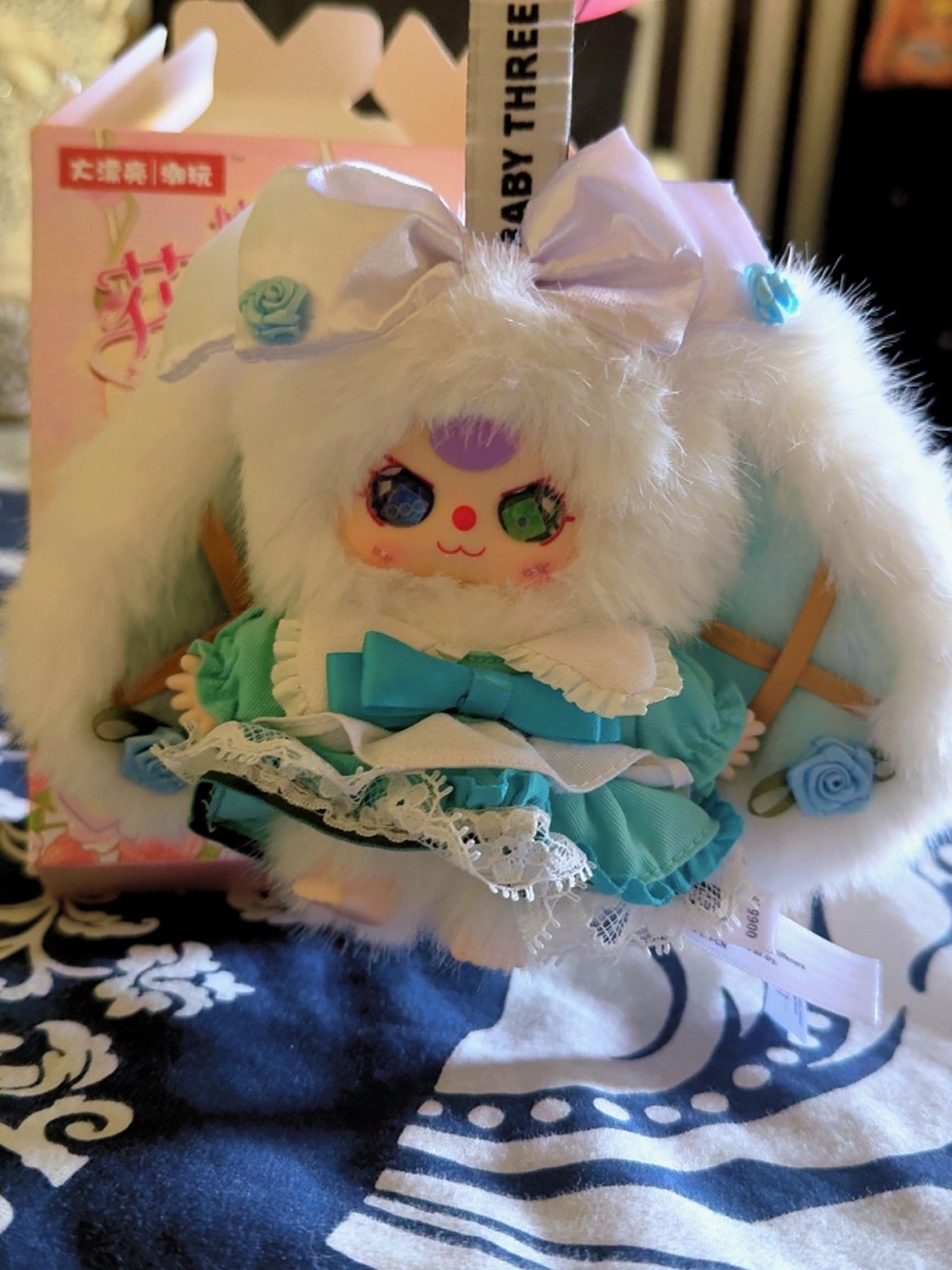 White & Teal Plush Bunny Doll with Lace Dress baby three flower messenger